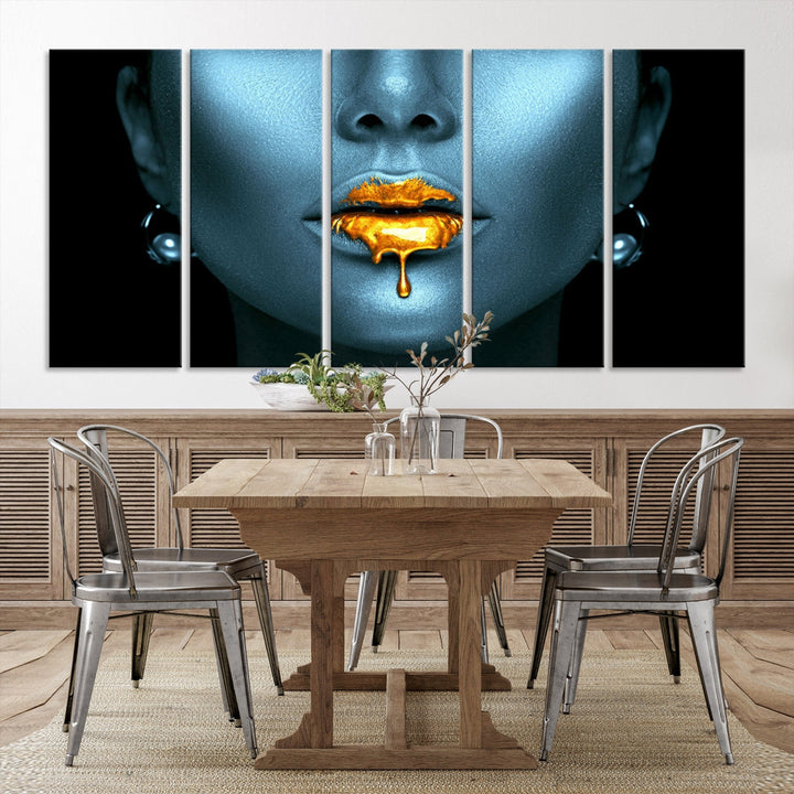 Glitter Lips Fashion Wall Art Canvas Print Makeup Gold Lips Sensual Bedroom Decor