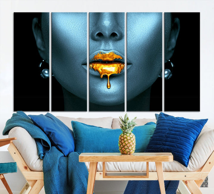 Glitter Lips Fashion Wall Art Canvas Print Makeup Gold Lips Sensual Bedroom Decor