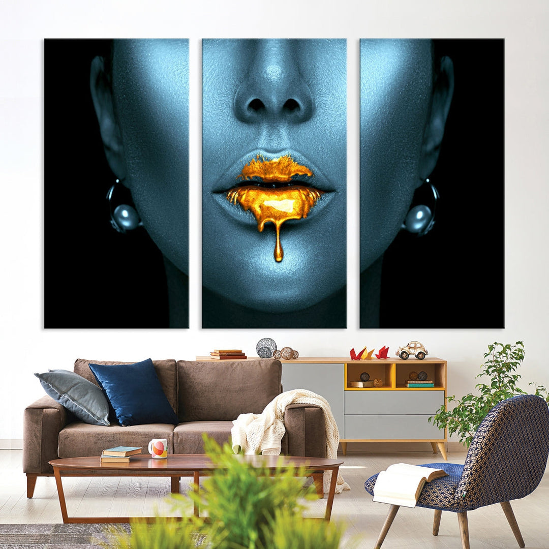 Glitter Lips Fashion Wall Art Canvas Print Makeup Gold Lips Sensual Bedroom Decor