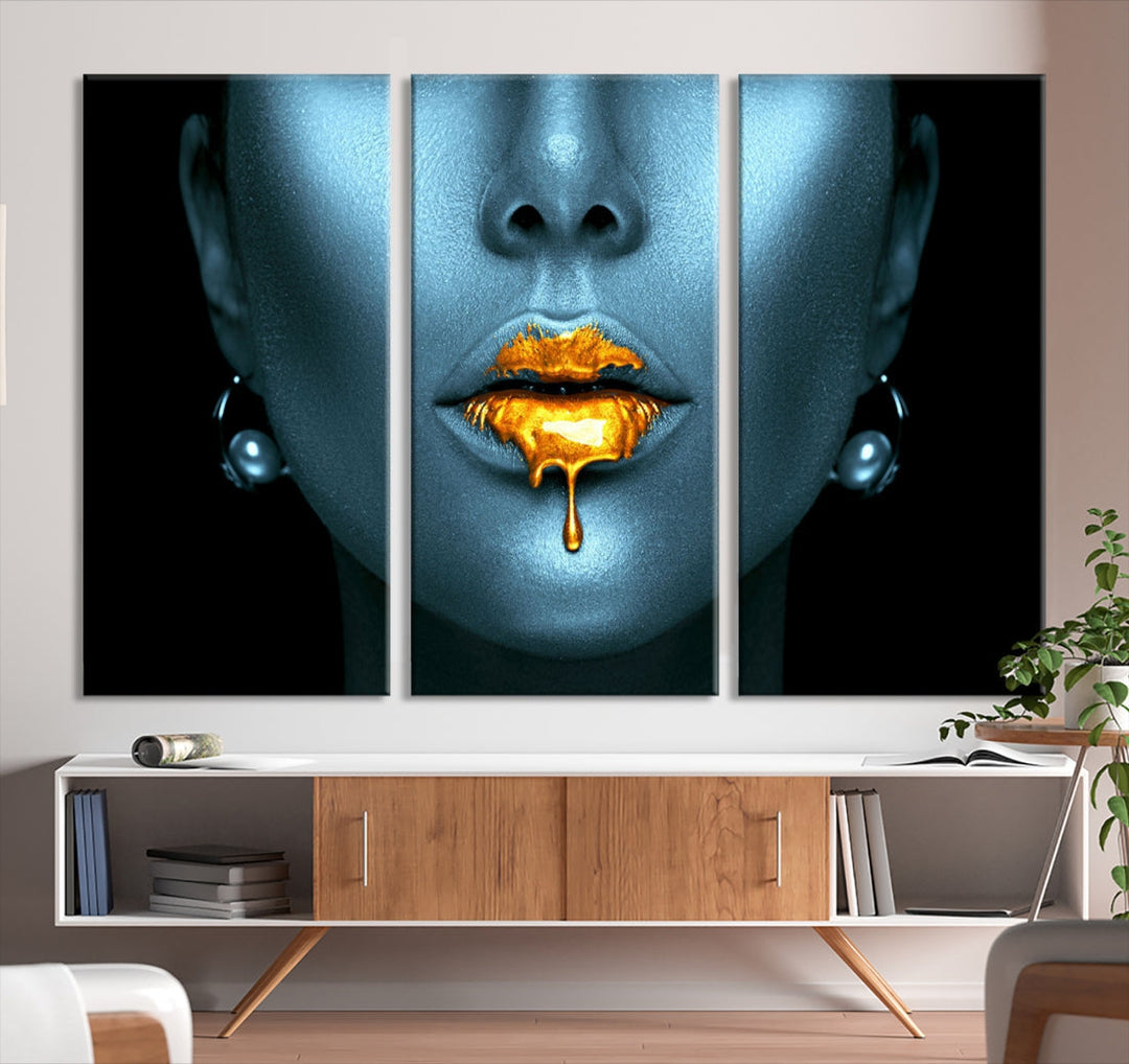 Glitter Lips Fashion Wall Art Canvas Print Makeup Gold Lips Sensual Bedroom Decor