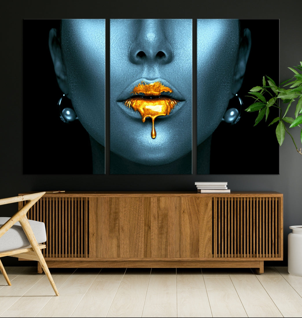 Glitter Lips Fashion Wall Art Canvas Print Makeup Gold Lips Sensual Bedroom Decor