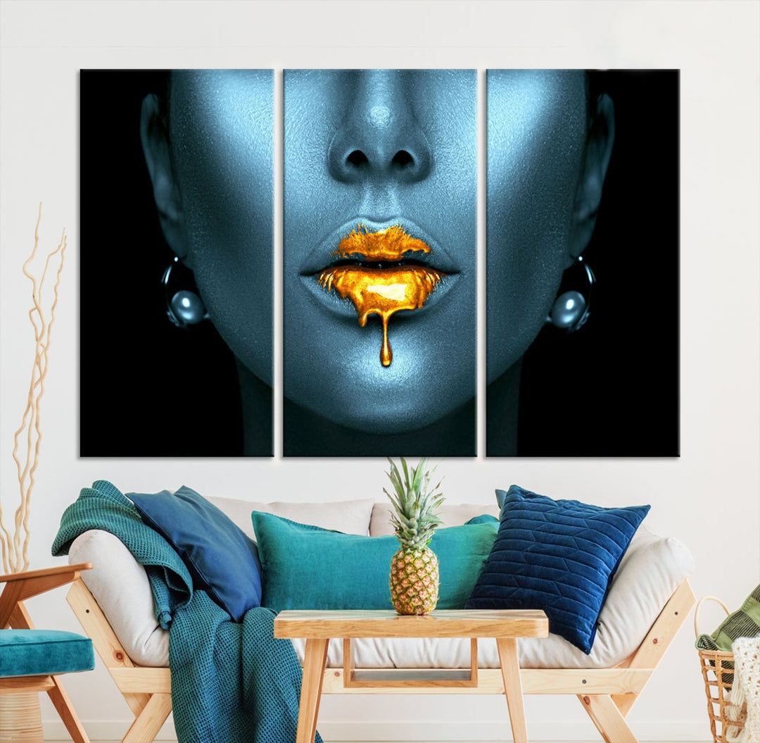 Glitter Lips Fashion Wall Art Canvas Print Makeup Gold Lips Sensual Bedroom Decor