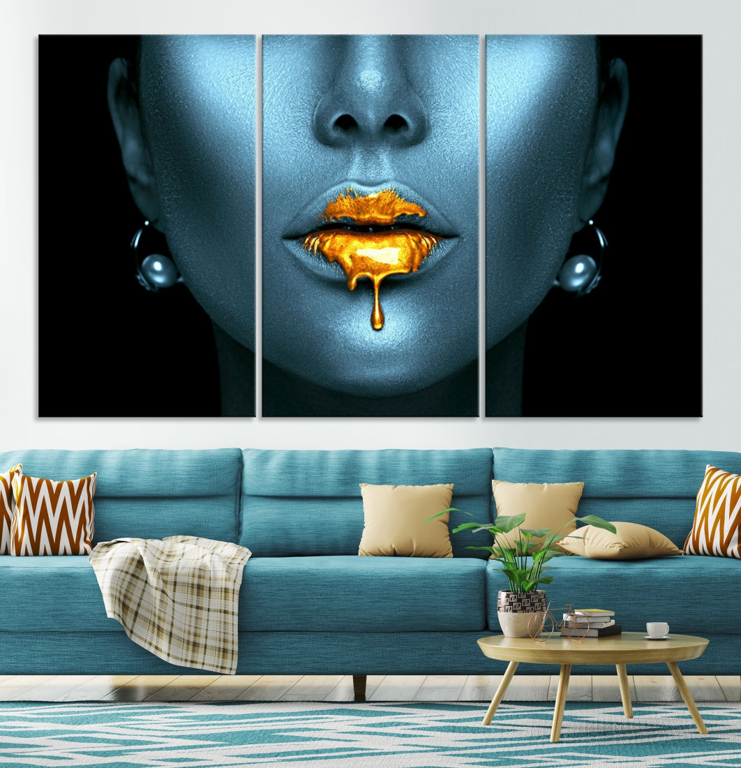 Glitter Lips Fashion Wall Art Canvas Print Makeup Gold Lips Sensual Bedroom Decor