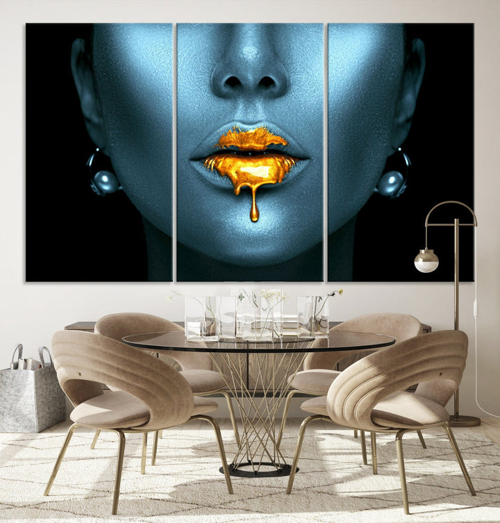 Glitter Lips Fashion Wall Art Canvas Print Makeup Gold Lips Sensual Bedroom Decor