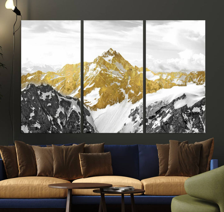 Gold and Black Mountain Range Canvas Wall Art - Luxurious Landscape for Living Room, Office, or Bedroom, Modern Nature-Inspired Decor, Ready to Hang