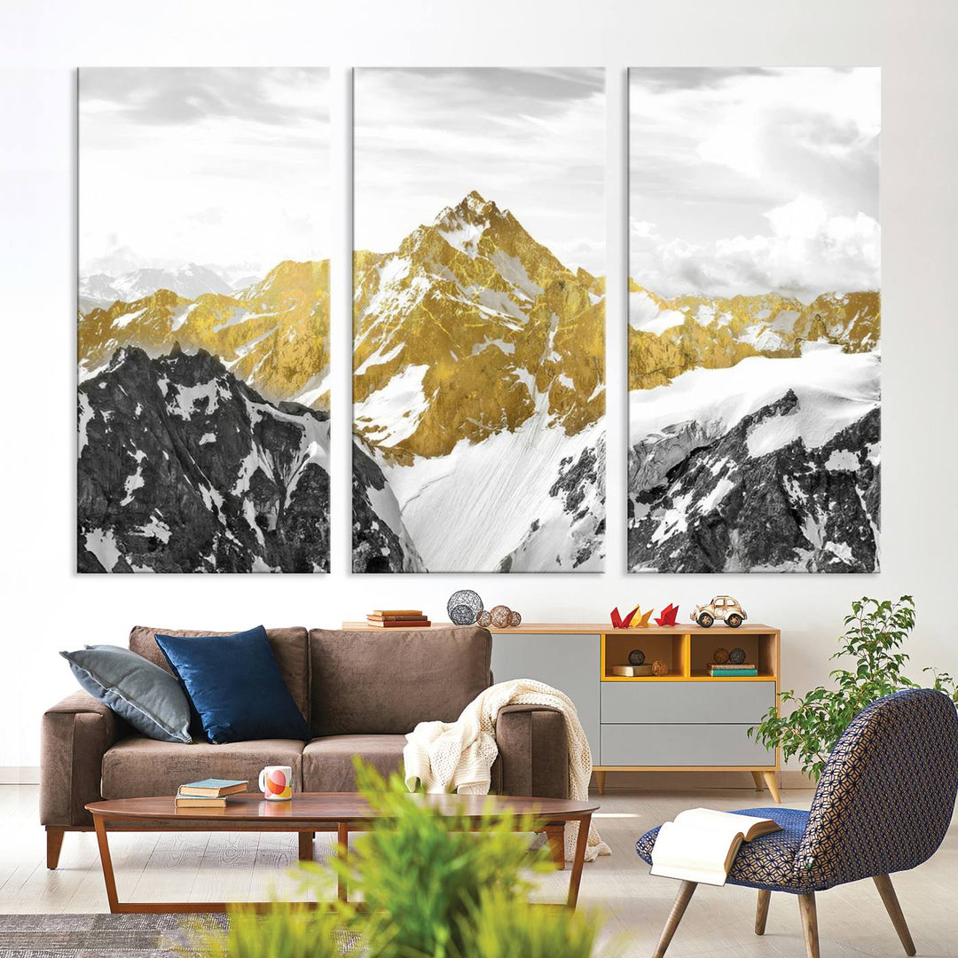 Gold and Black Mountain Range Canvas Wall Art - Luxurious Landscape for Living Room, Office, or Bedroom, Modern Nature-Inspired Decor, Ready to Hang