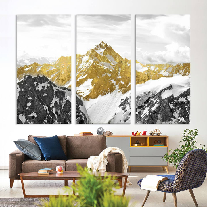 Gold and Black Mountain Range Canvas Wall Art - Luxurious Landscape for Living Room, Office, or Bedroom, Modern Nature-Inspired Decor, Ready to Hang