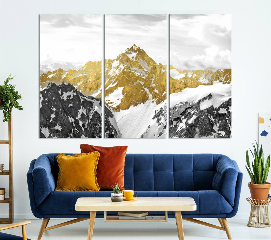 Gold and Black Mountain Range Canvas Wall Art - Luxurious Landscape for Living Room, Office, or Bedroom, Modern Nature-Inspired Decor, Ready to Hang