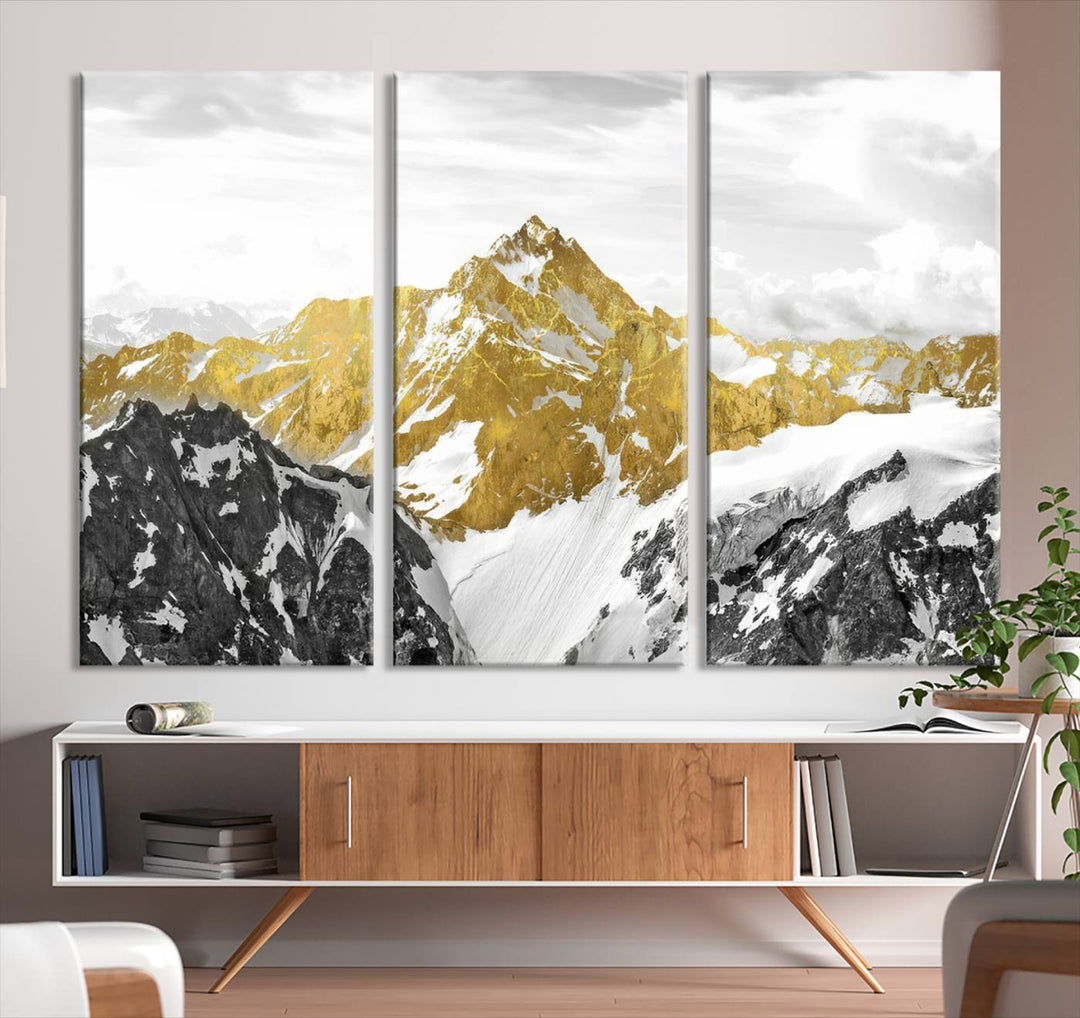 Gold and Black Mountain Range Canvas Wall Art - Luxurious Landscape for Living Room, Office, or Bedroom, Modern Nature-Inspired Decor, Ready to Hang