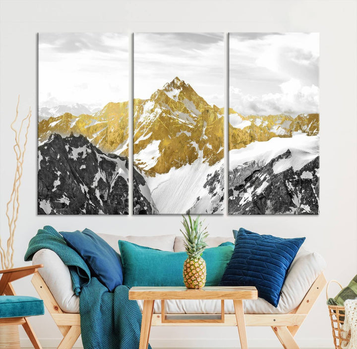 Gold and Black Mountain Range Canvas Wall Art - Luxurious Landscape for Living Room, Office, or Bedroom, Modern Nature-Inspired Decor, Ready to Hang