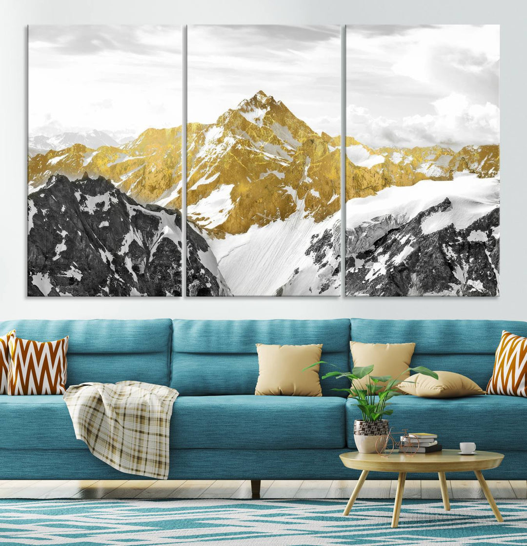 Gold and Black Mountain Range Canvas Wall Art - Luxurious Landscape for Living Room, Office, or Bedroom, Modern Nature-Inspired Decor, Ready to Hang