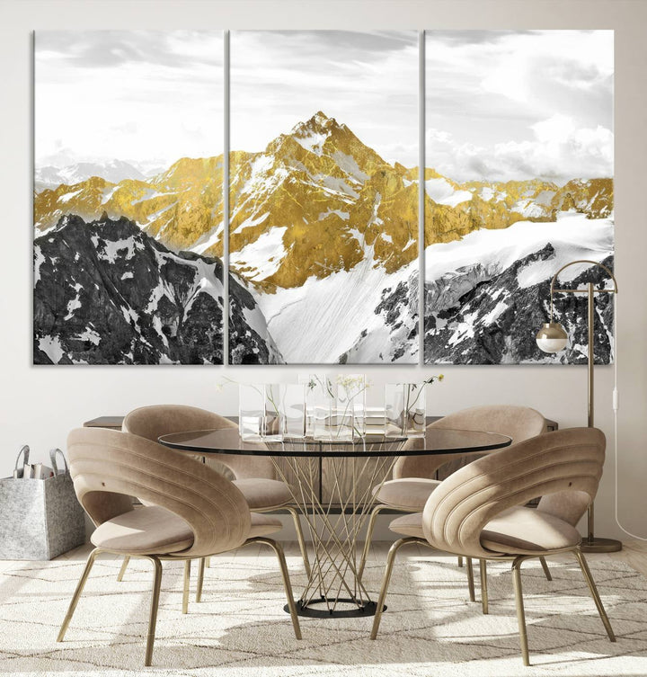 Gold and Black Mountain Range Canvas Wall Art - Luxurious Landscape for Living Room, Office, or Bedroom, Modern Nature-Inspired Decor, Ready to Hang