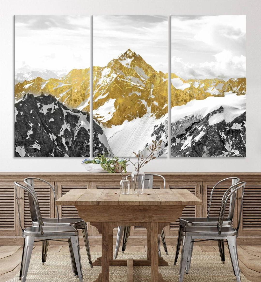 Gold and Black Mountain Range Canvas Wall Art - Luxurious Landscape for Living Room, Office, or Bedroom, Modern Nature-Inspired Decor, Ready to Hang