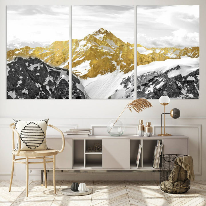 Gold and Black Mountain Range Canvas Wall Art - Luxurious Landscape for Living Room, Office, or Bedroom, Modern Nature-Inspired Decor, Ready to Hang