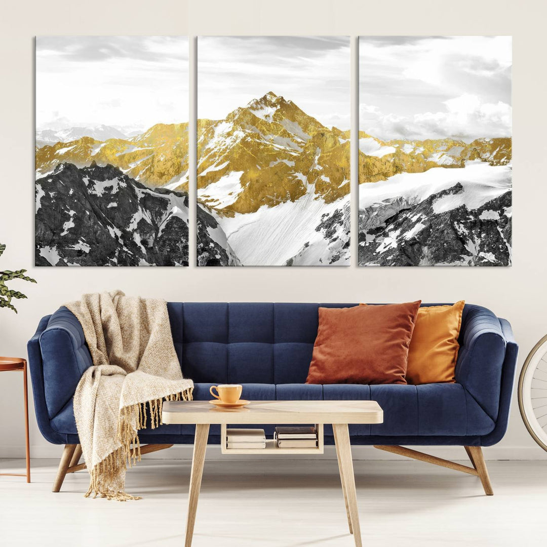 Gold and Black Mountain Range Canvas Wall Art - Luxurious Landscape for Living Room, Office, or Bedroom, Modern Nature-Inspired Decor, Ready to Hang