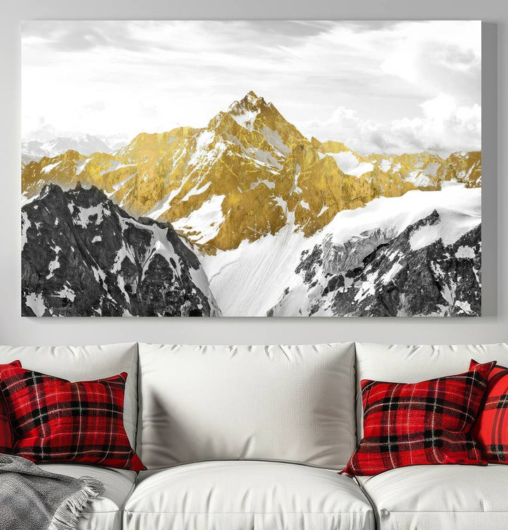 Gold and Black Mountain Range Canvas Wall Art - Luxurious Landscape for Living Room, Office, or Bedroom, Modern Nature-Inspired Decor, Ready to Hang