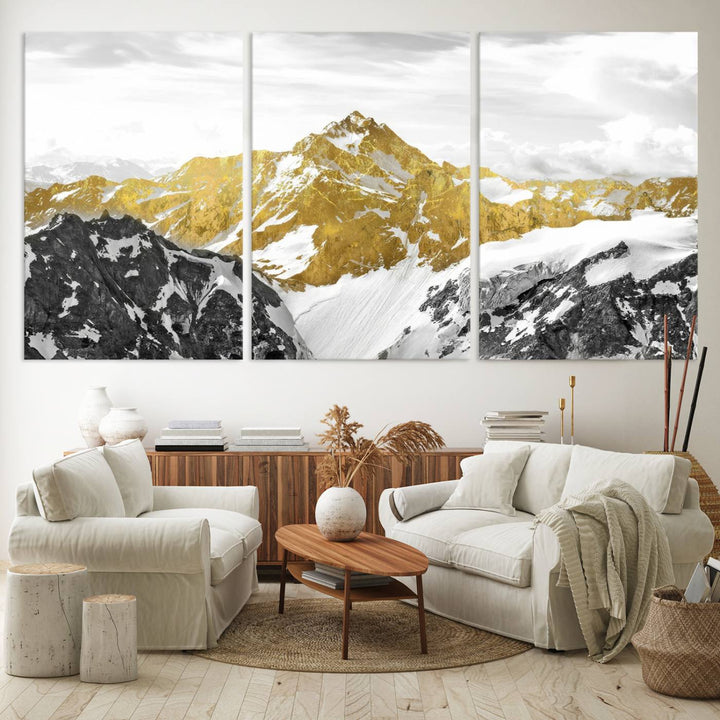 Gold and Black Mountain Range Canvas Wall Art - Luxurious Landscape for Living Room, Office, or Bedroom, Modern Nature-Inspired Decor, Ready to Hang