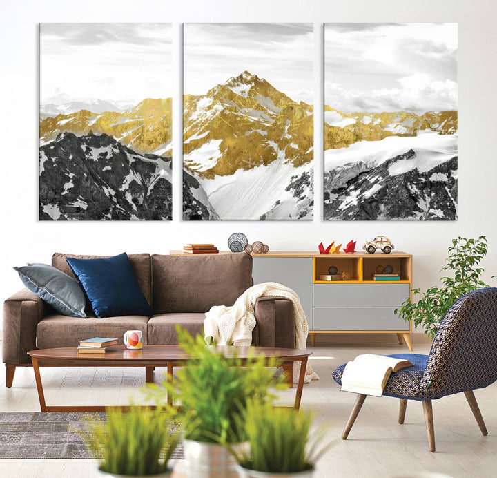 Gold and Black Mountain Range Canvas Wall Art - Luxurious Landscape for Living Room, Office, or Bedroom, Modern Nature-Inspired Decor, Ready to Hang