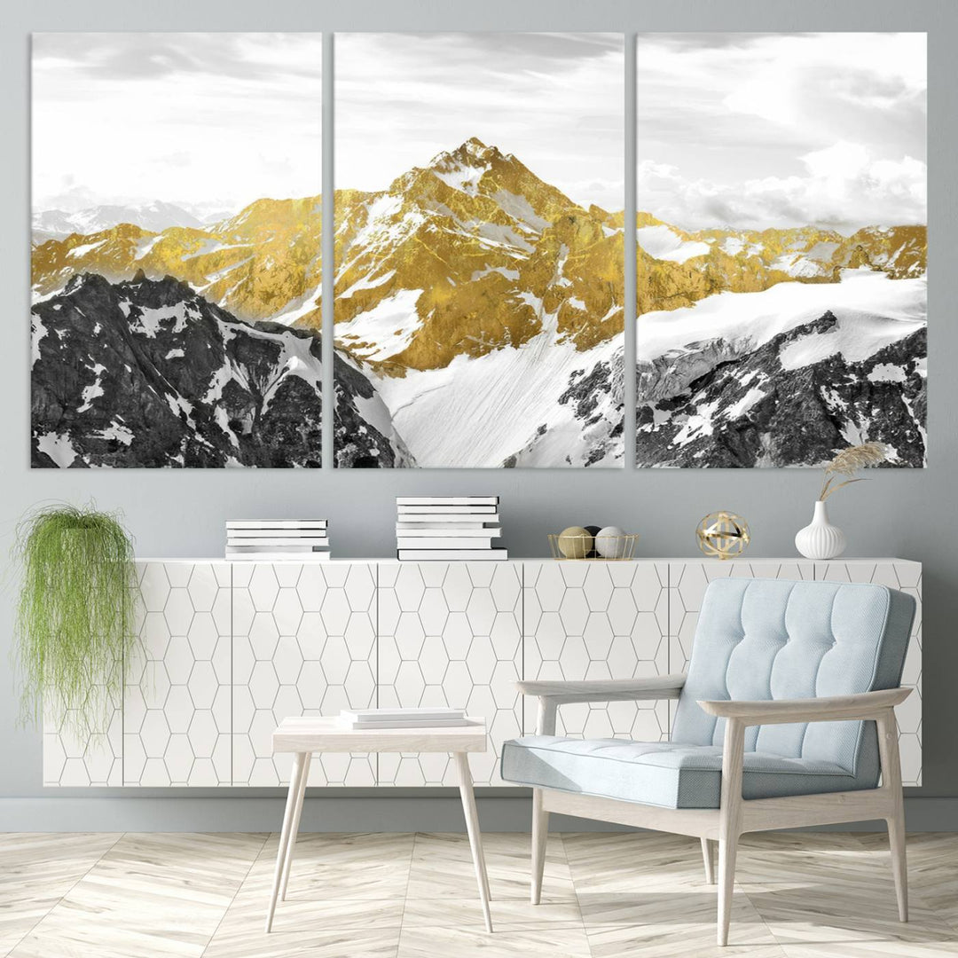 Gold and Black Mountain Range Canvas Wall Art - Luxurious Landscape for Living Room, Office, or Bedroom, Modern Nature-Inspired Decor, Ready to Hang