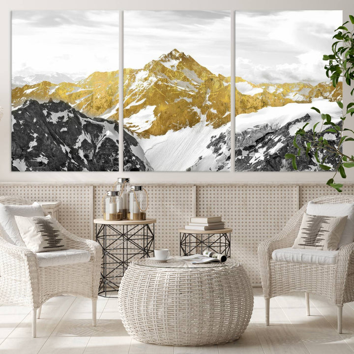 Gold and Black Mountain Range Canvas Wall Art - Luxurious Landscape for Living Room, Office, or Bedroom, Modern Nature-Inspired Decor, Ready to Hang