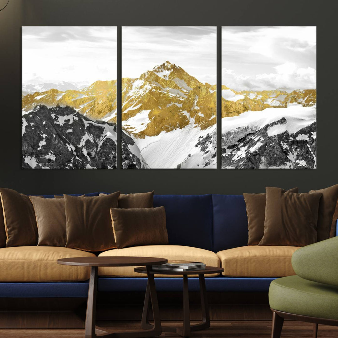 Gold and Black Mountain Range Canvas Wall Art - Luxurious Landscape for Living Room, Office, or Bedroom, Modern Nature-Inspired Decor, Ready to Hang