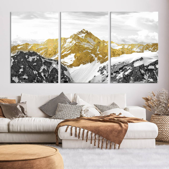 Gold and Black Mountain Range Canvas Wall Art - Luxurious Landscape for Living Room, Office, or Bedroom, Modern Nature-Inspired Decor, Ready to Hang