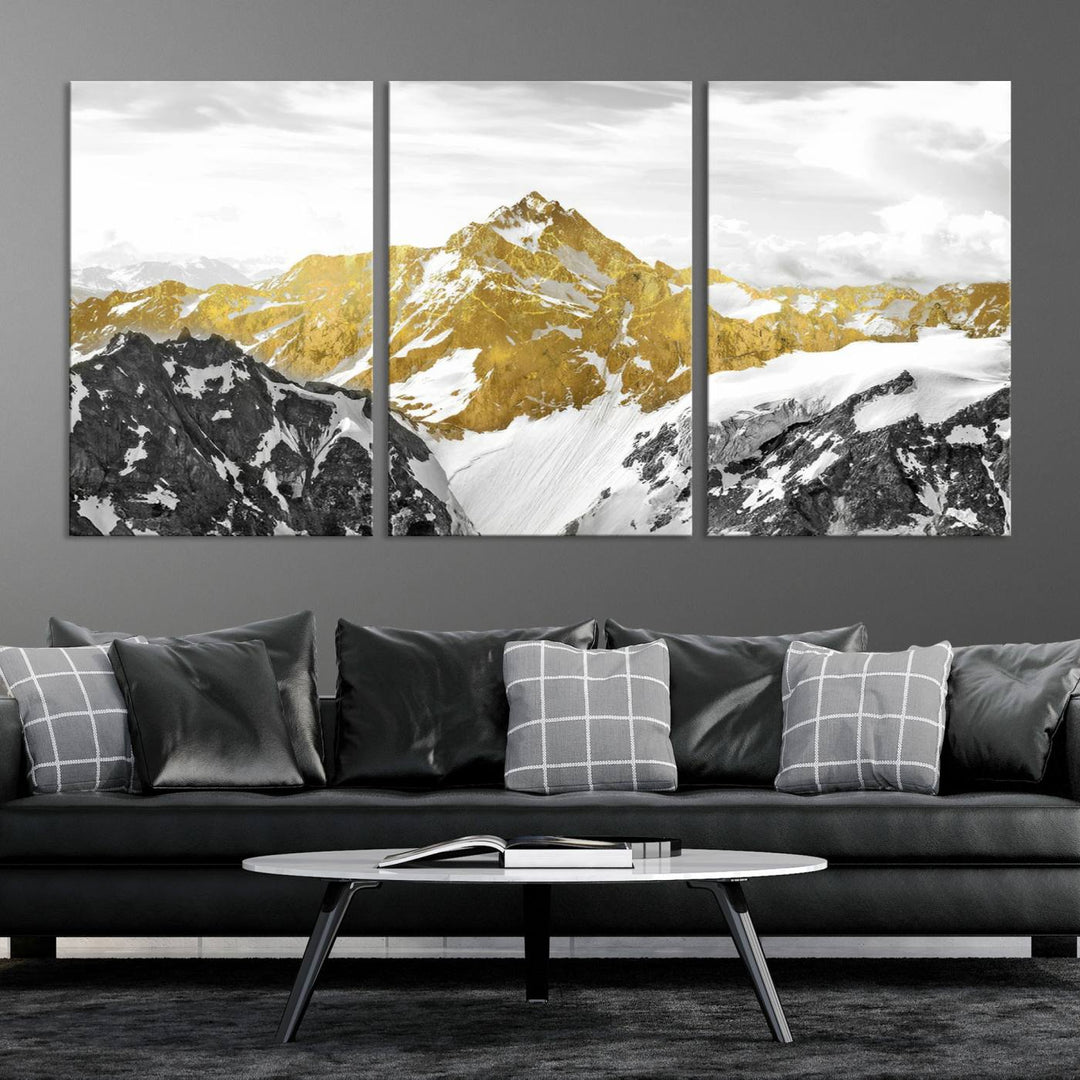 Gold and Black Mountain Range Canvas Wall Art - Luxurious Landscape for Living Room, Office, or Bedroom, Modern Nature-Inspired Decor, Ready to Hang