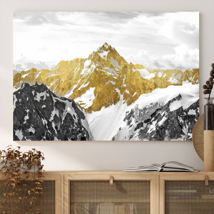 Gold and Black Mountain Range Canvas Wall Art - Luxurious Landscape for Living Room, Office, or Bedroom, Modern Nature-Inspired Decor, Ready to Hang