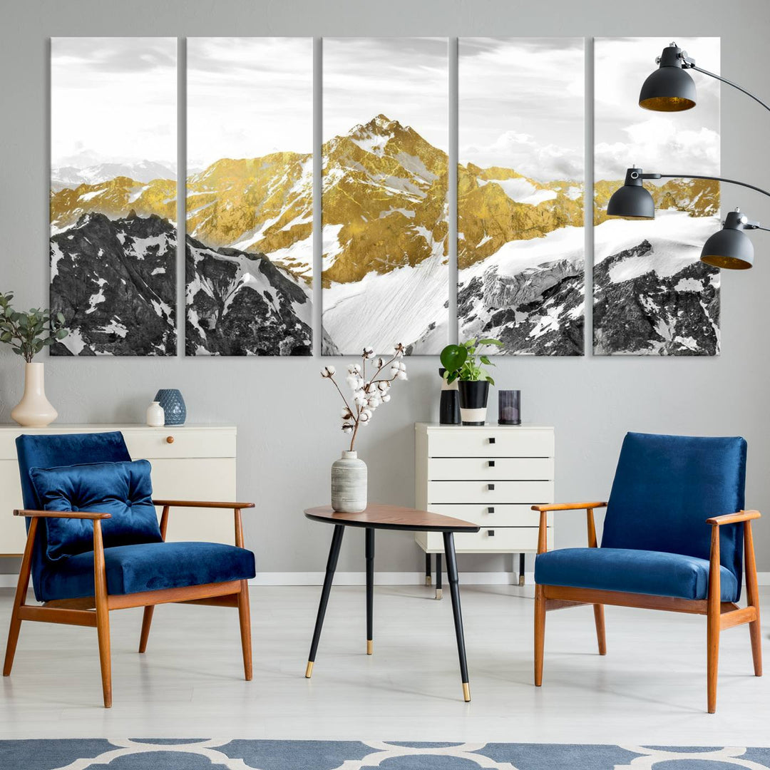 Gold and Black Mountain Range Canvas Wall Art - Luxurious Landscape for Living Room, Office, or Bedroom, Modern Nature-Inspired Decor, Ready to Hang