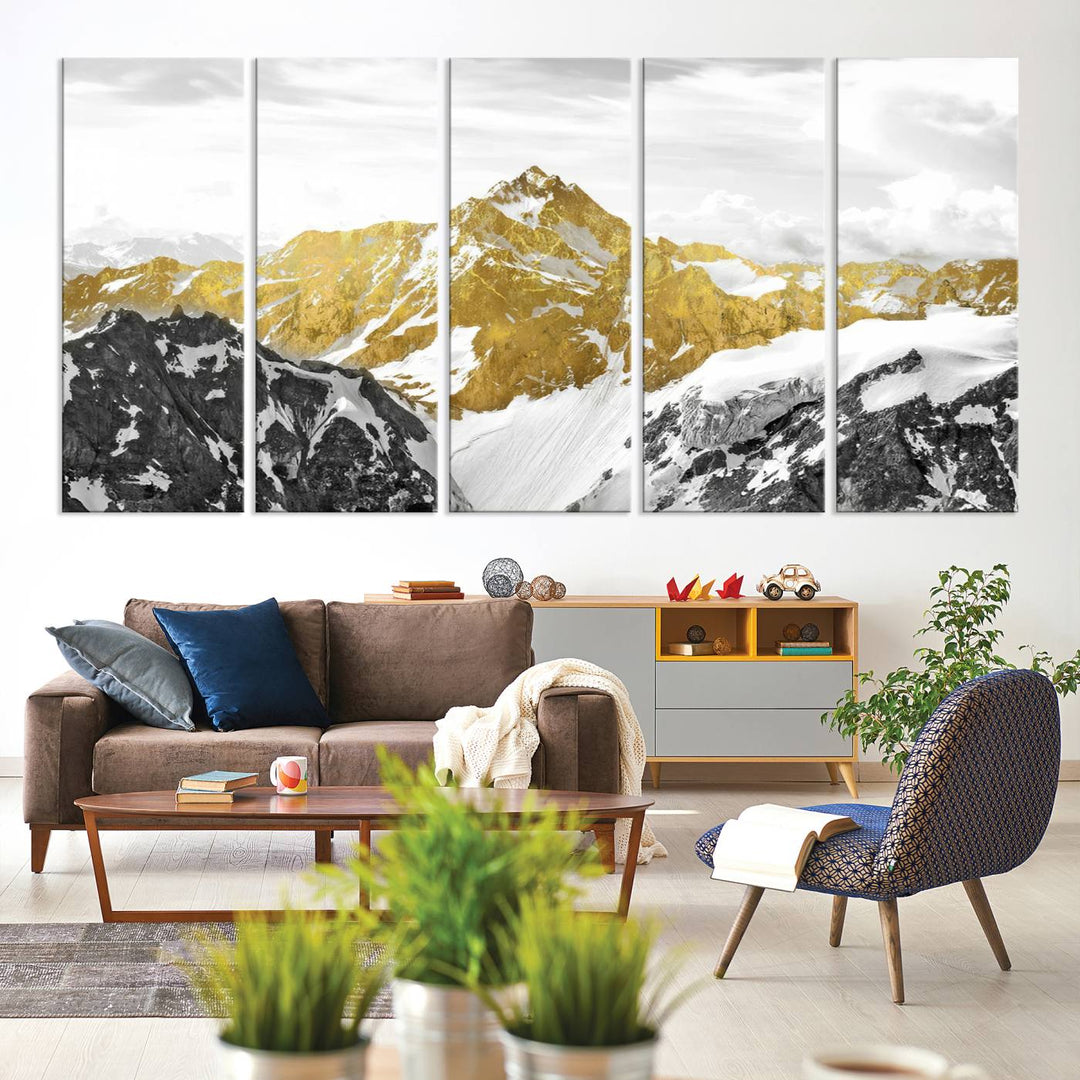 Gold and Black Mountain Range Canvas Wall Art - Luxurious Landscape for Living Room, Office, or Bedroom, Modern Nature-Inspired Decor, Ready to Hang