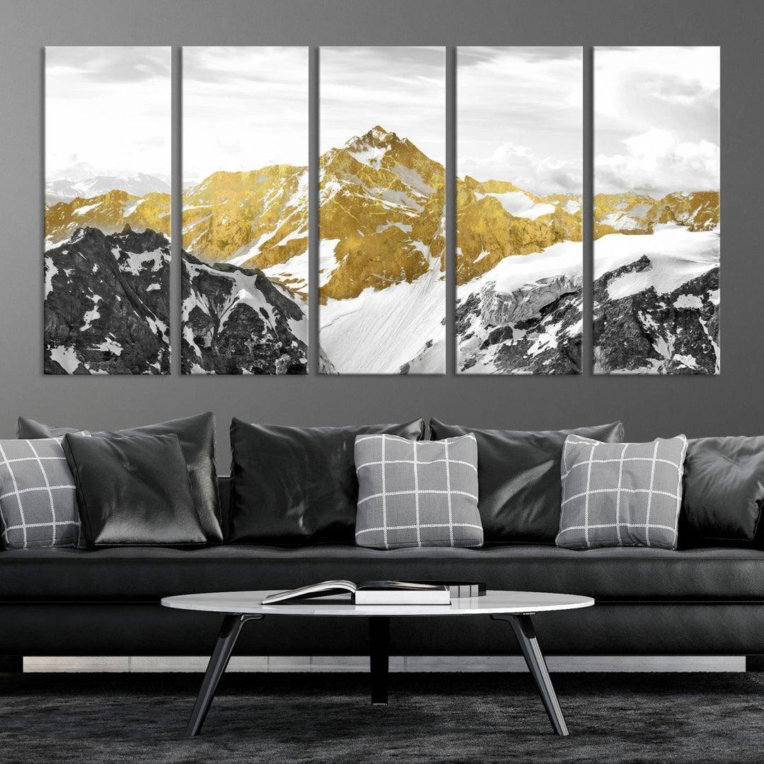 Gold and Black Mountain Range Canvas Wall Art - Luxurious Landscape for Living Room, Office, or Bedroom, Modern Nature-Inspired Decor, Ready to Hang