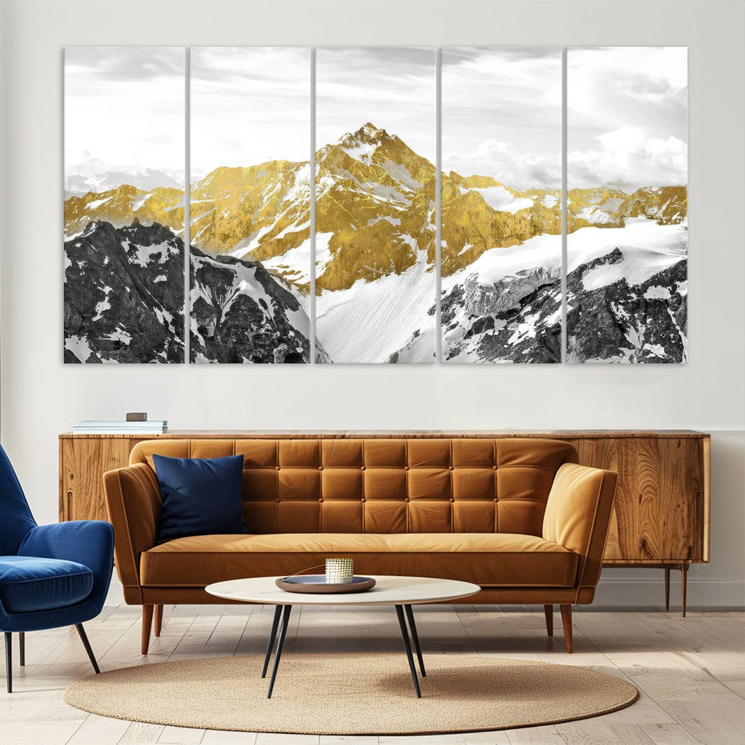 Gold and Black Mountain Range Canvas Wall Art - Luxurious Landscape for Living Room, Office, or Bedroom, Modern Nature-Inspired Decor, Ready to Hang