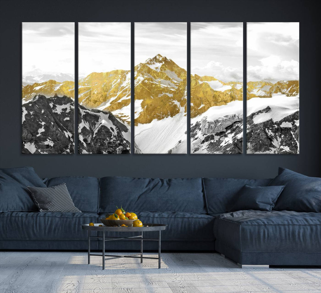 Gold and Black Mountain Range Canvas Wall Art - Luxurious Landscape for Living Room, Office, or Bedroom, Modern Nature-Inspired Decor, Ready to Hang