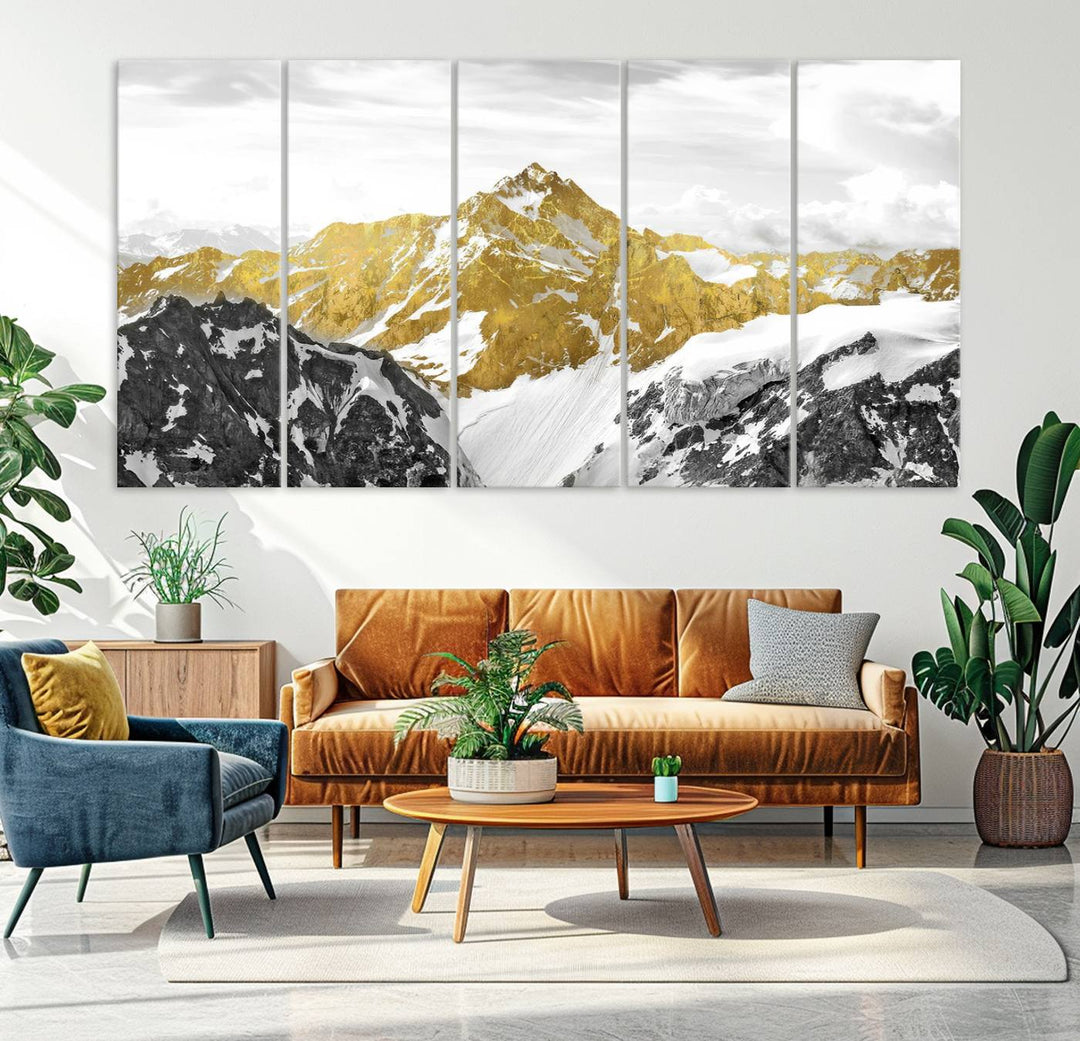 Gold and Black Mountain Range Canvas Wall Art - Luxurious Landscape for Living Room, Office, or Bedroom, Modern Nature-Inspired Decor, Ready to Hang