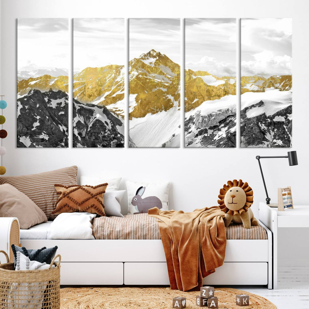 Gold and Black Mountain Range Canvas Wall Art - Luxurious Landscape for Living Room, Office, or Bedroom, Modern Nature-Inspired Decor, Ready to Hang