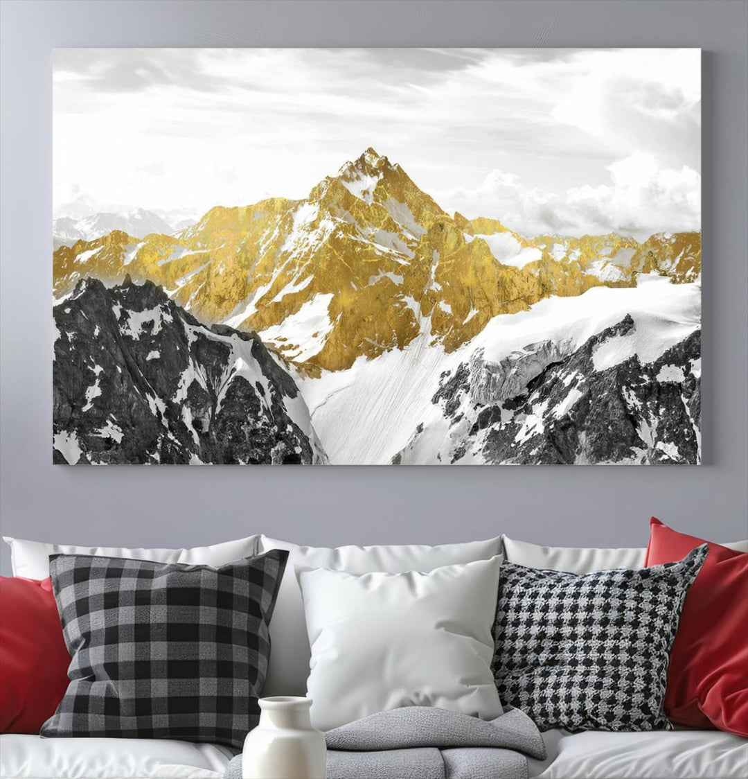 Gold and Black Mountain Range Canvas Wall Art - Luxurious Landscape for Living Room, Office, or Bedroom, Modern Nature-Inspired Decor, Ready to Hang