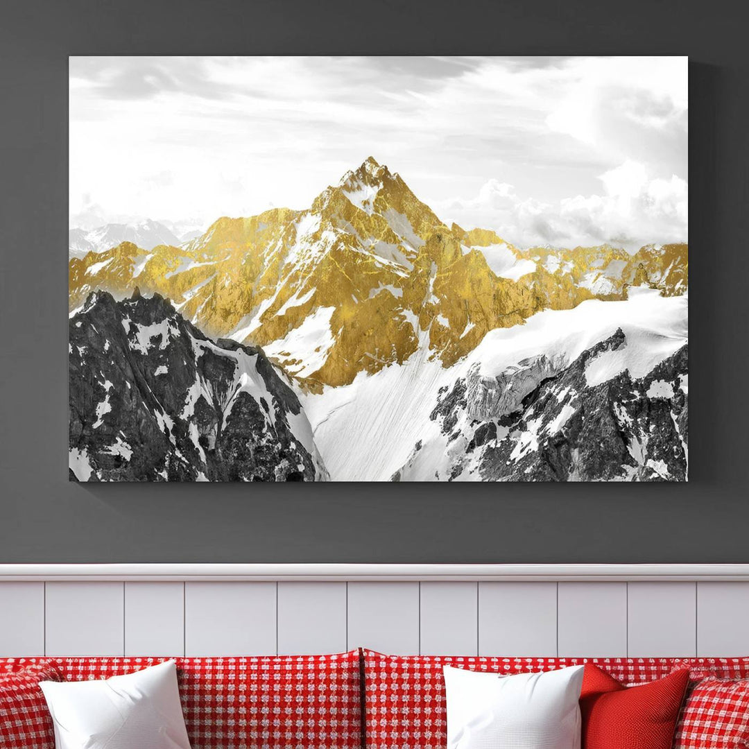 Gold and Black Mountain Range Canvas Wall Art - Luxurious Landscape for Living Room, Office, or Bedroom, Modern Nature-Inspired Decor, Ready to Hang