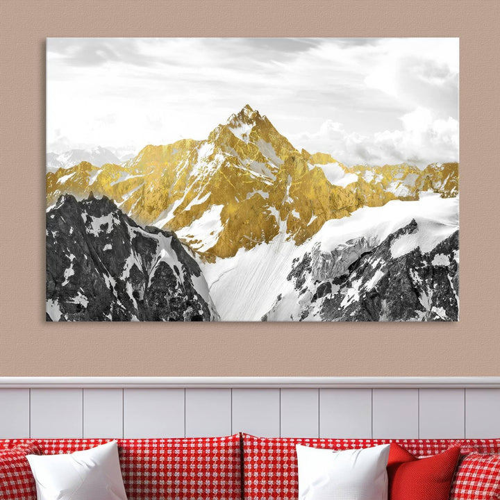 Gold and Black Mountain Range Canvas Wall Art - Luxurious Landscape for Living Room, Office, or Bedroom, Modern Nature-Inspired Decor, Ready to Hang