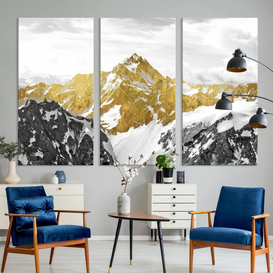 Gold and Black Mountain Range Canvas Wall Art - Luxurious Landscape for Living Room, Office, or Bedroom, Modern Nature-Inspired Decor, Ready to Hang