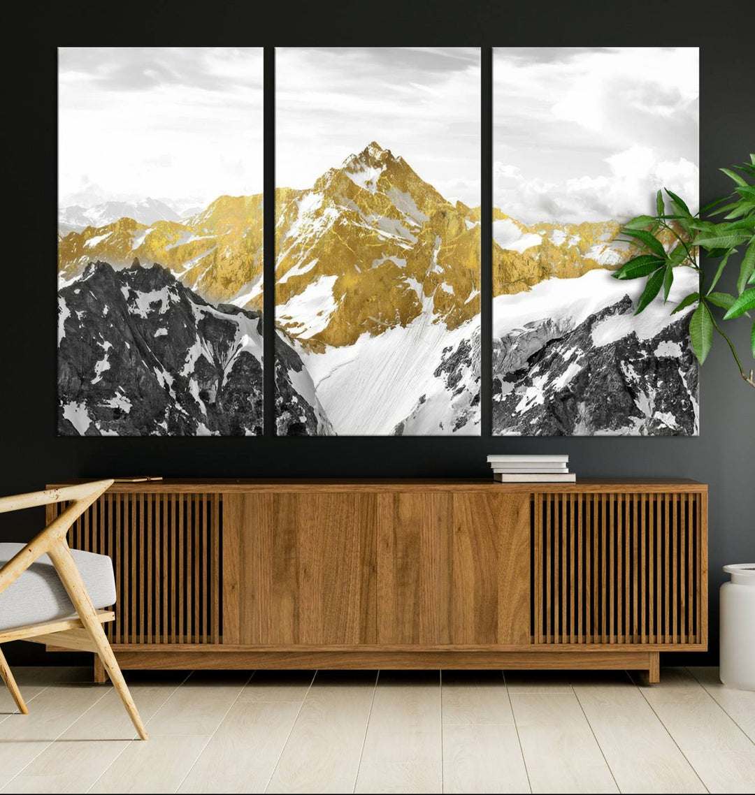 Gold and Black Mountain Range Canvas Wall Art - Luxurious Landscape for Living Room, Office, or Bedroom, Modern Nature-Inspired Decor, Ready to Hang