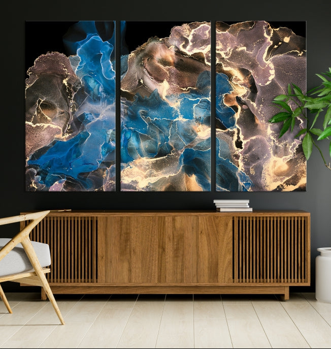 Gold Blue Black Marble Abstract Large Wall Art Canvas Print