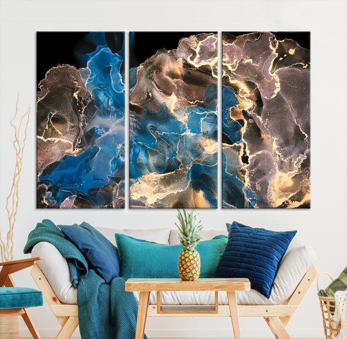 Gold Blue Black Marble Abstract Large Wall Art Canvas Print