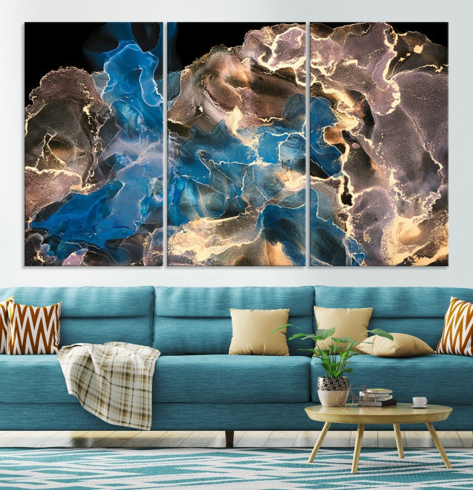 Gold Blue Black Marble Abstract Large Wall Art Canvas Print