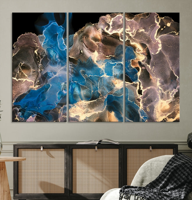 Gold Blue Black Marble Abstract Large Wall Art Canvas Print