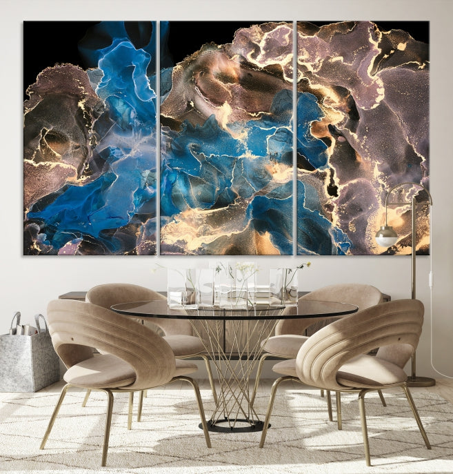 Gold Blue Black Marble Abstract Large Wall Art Canvas Print