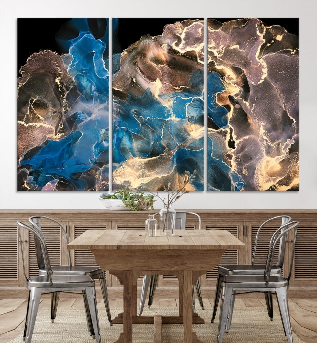 Gold Blue Black Marble Abstract Large Wall Art Canvas Print