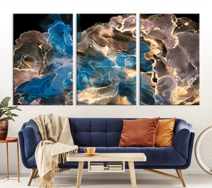 Gold Blue Black Marble Abstract Large Wall Art Canvas Print