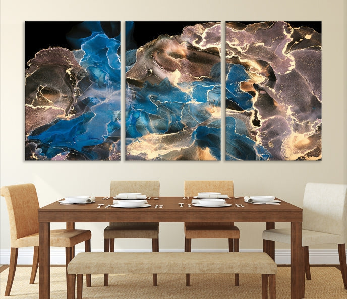 Gold Blue Black Marble Abstract Large Wall Art Canvas Print