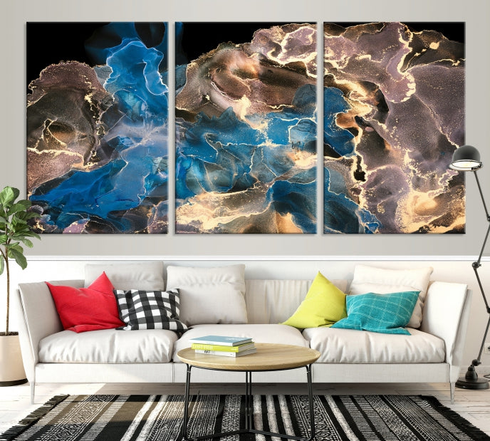 Gold Blue Black Marble Abstract Large Wall Art Canvas Print