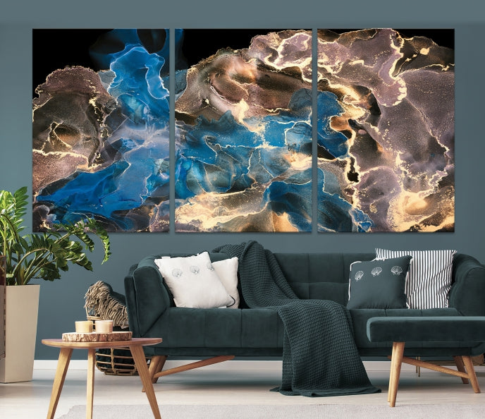 Gold Blue Black Marble Abstract Large Wall Art Canvas Print